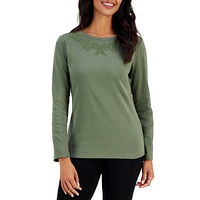 Petite Tonal Lace-Trim Long-Sleeve Top