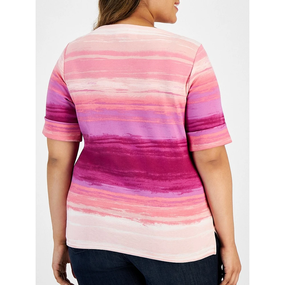 Plus Faded Dye-Stripe Elbow-Sleeve Boatneck Top