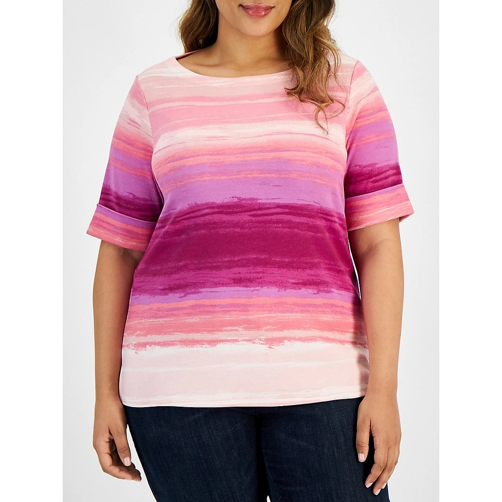 Plus Faded Dye-Stripe Elbow-Sleeve Boatneck Top