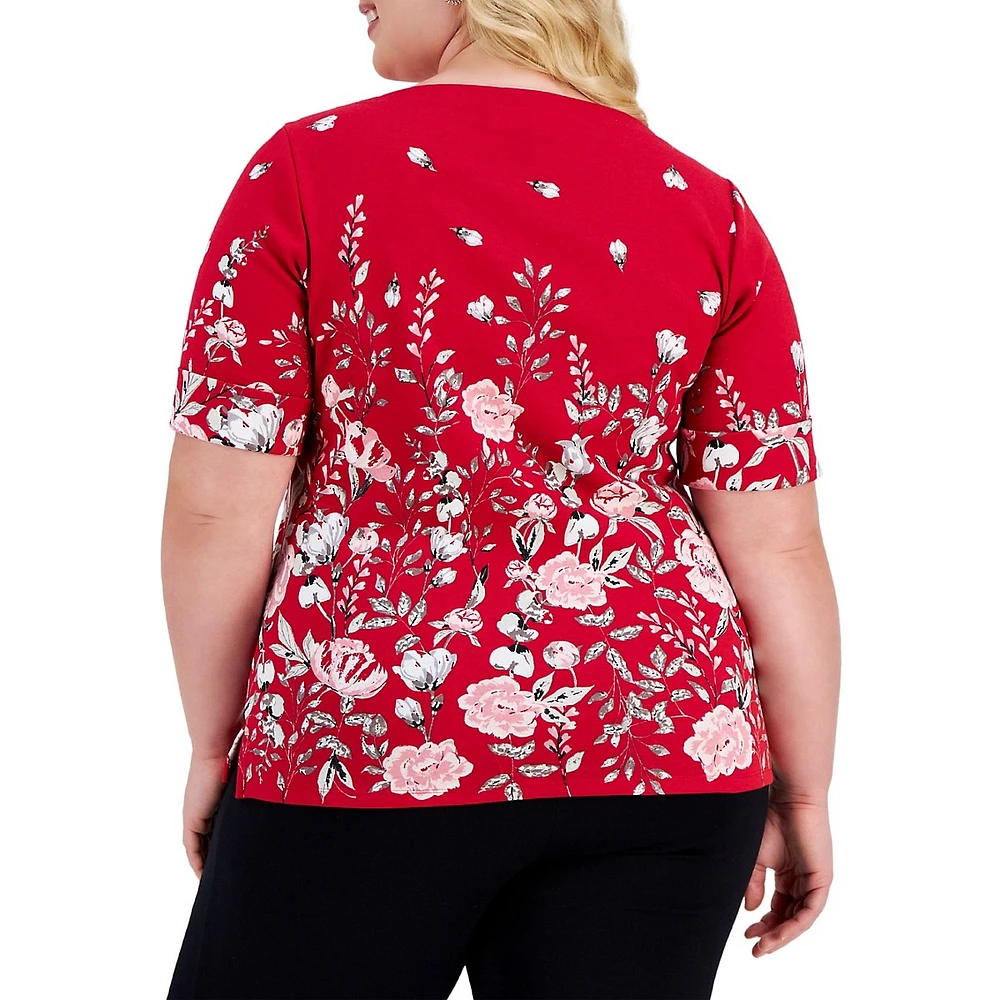 Plus Elegant Garden Elbow-Sleeve Top