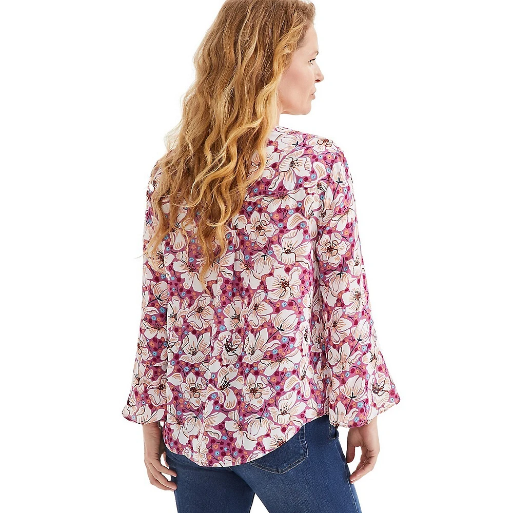 Floral Tunic-Neck Flared-Sleeve Pintuck Blouse