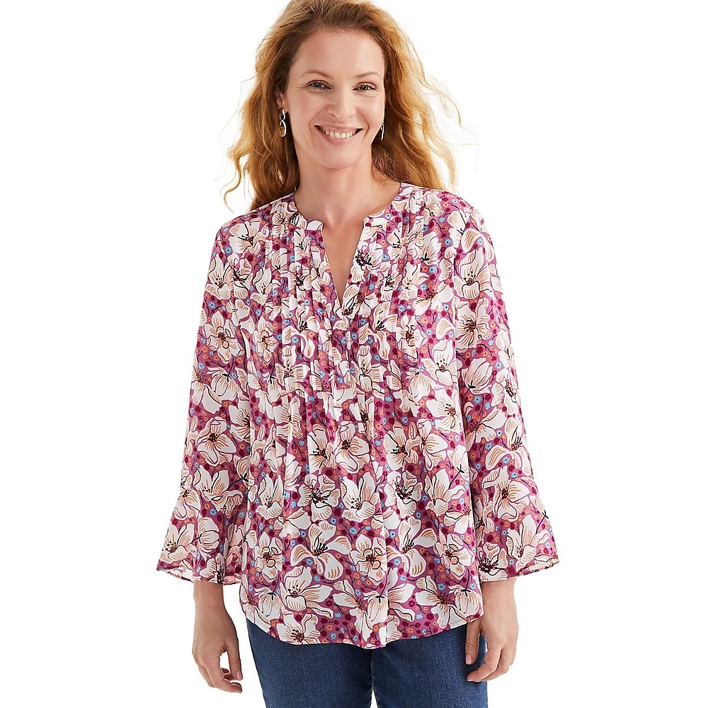 Floral Tunic-Neck Flared-Sleeve Pintuck Blouse