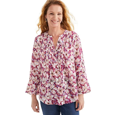 Floral Tunic-Neck Flared-Sleeve Pintuck Blouse