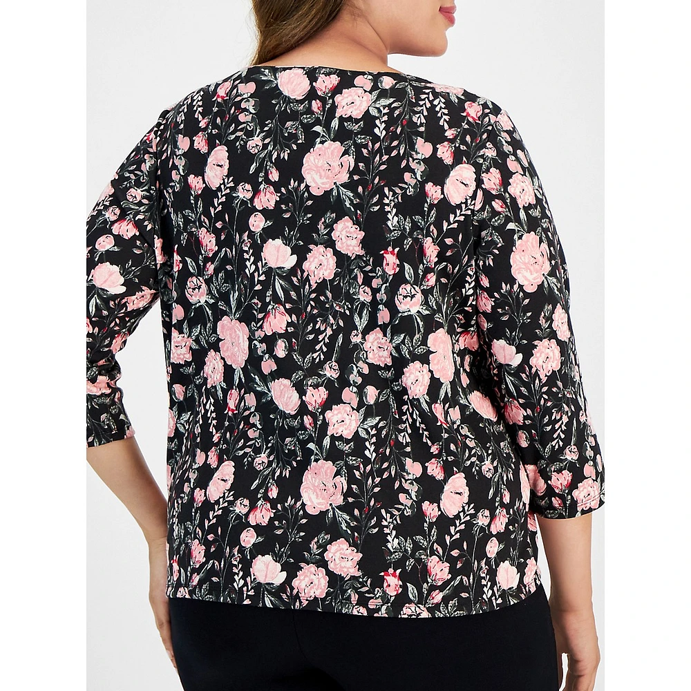 Plus Elegant Gardens Three-Quarter-Sleeve Top