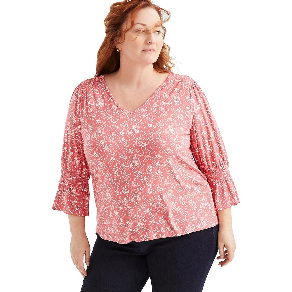 Plus Printed Smocked-Shoulder Flared-Cuff V-Neck Top