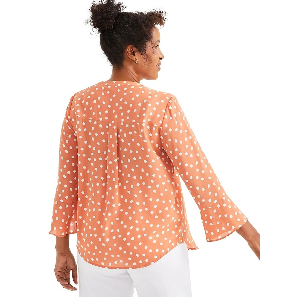 Dotted Tunic-Neck Flared-Sleeve Pintuck Blouse