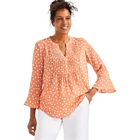 Dotted Tunic-Neck Flared-Sleeve Pintuck Blouse