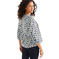 Floral-Lurex Button-&-Loop Pintucked Blouse