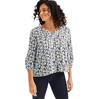 Floral-Lurex Button-&-Loop Pintucked Blouse