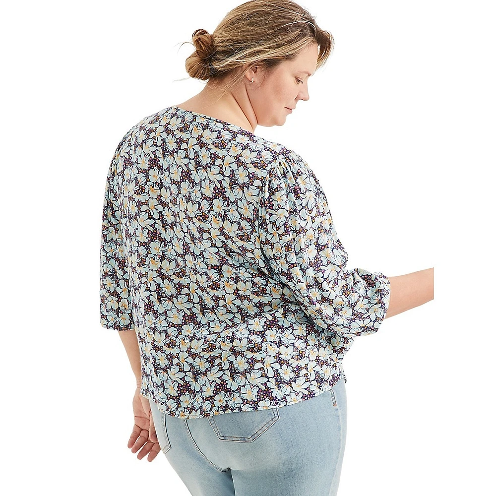 Plus Floral-Lurex Button-&-Loop Pintucked Blouse