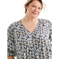 Plus Floral-Lurex Button-&-Loop Pintucked Blouse