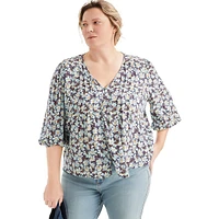 Plus Floral-Lurex Button-&-Loop Pintucked Blouse