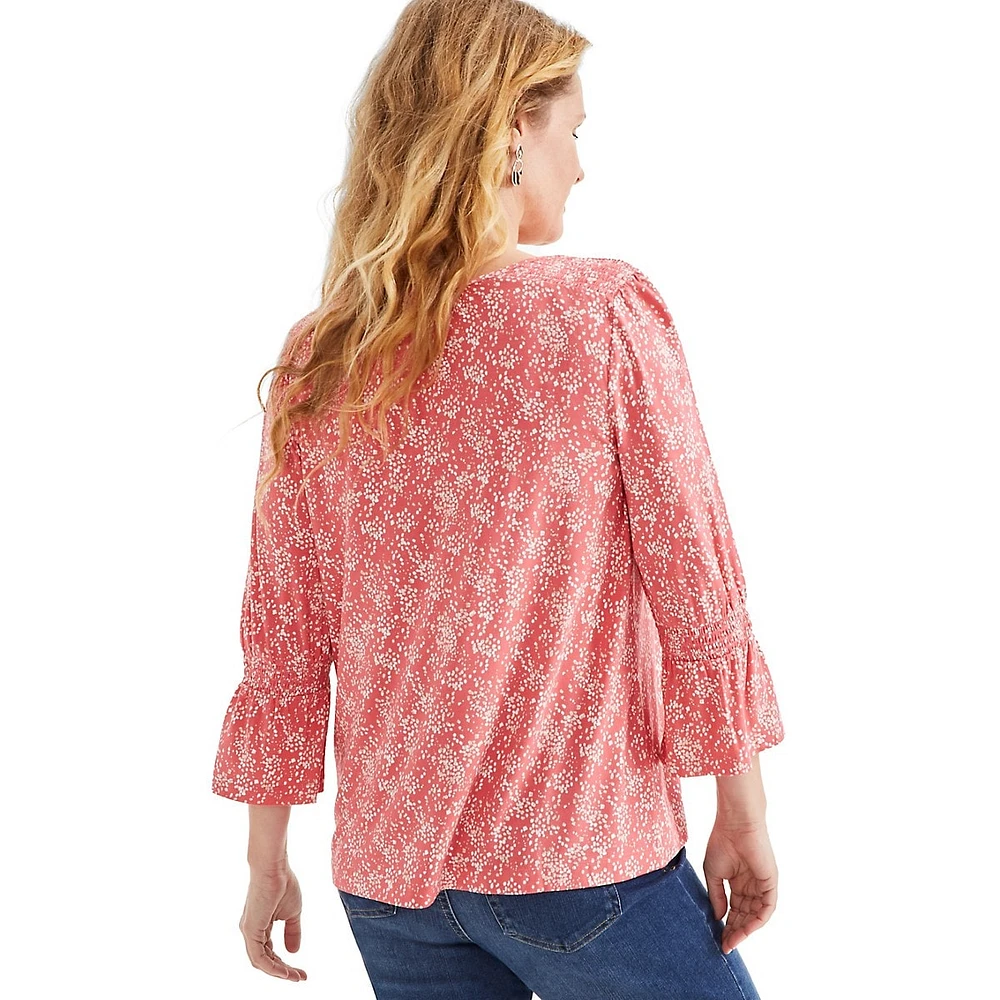 Printed Smocked-Shoulder Flared-Cuff V-Neck Top