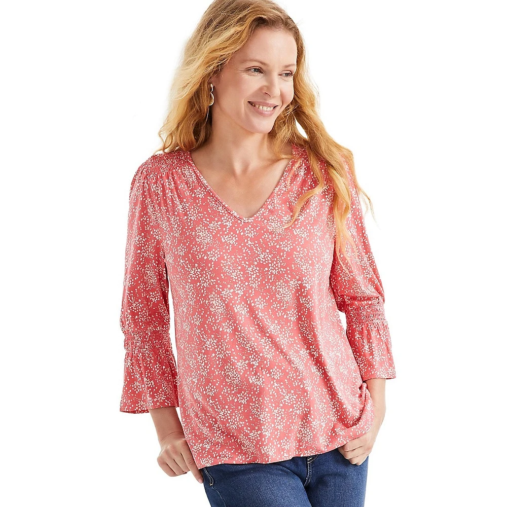 Printed Smocked-Shoulder Flared-Cuff V-Neck Top