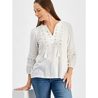 Petite Shine Embellished & Embroidered Tassel-Tie Top