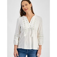 Petite Shine Embellished & Embroidered Tassel-Tie Top