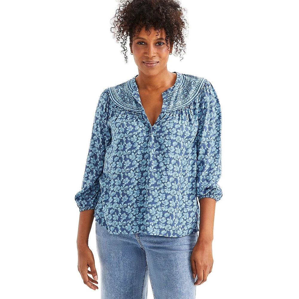 Floral-Print Tunic-Neck Gathered-Yoke Top