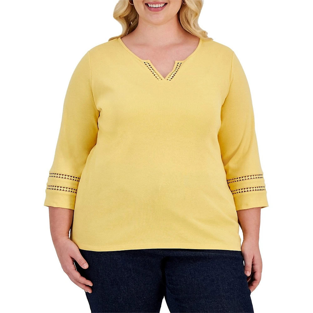 Plus Lace-Inset Cropped-Sleeve Top