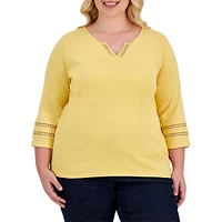Plus Lace-Inset Cropped-Sleeve Top