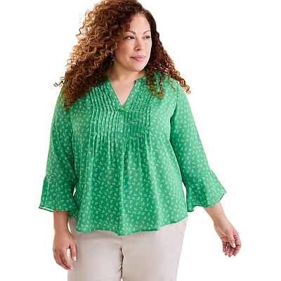 Plus Floral Pintuck Ruffle-Sleeve Top