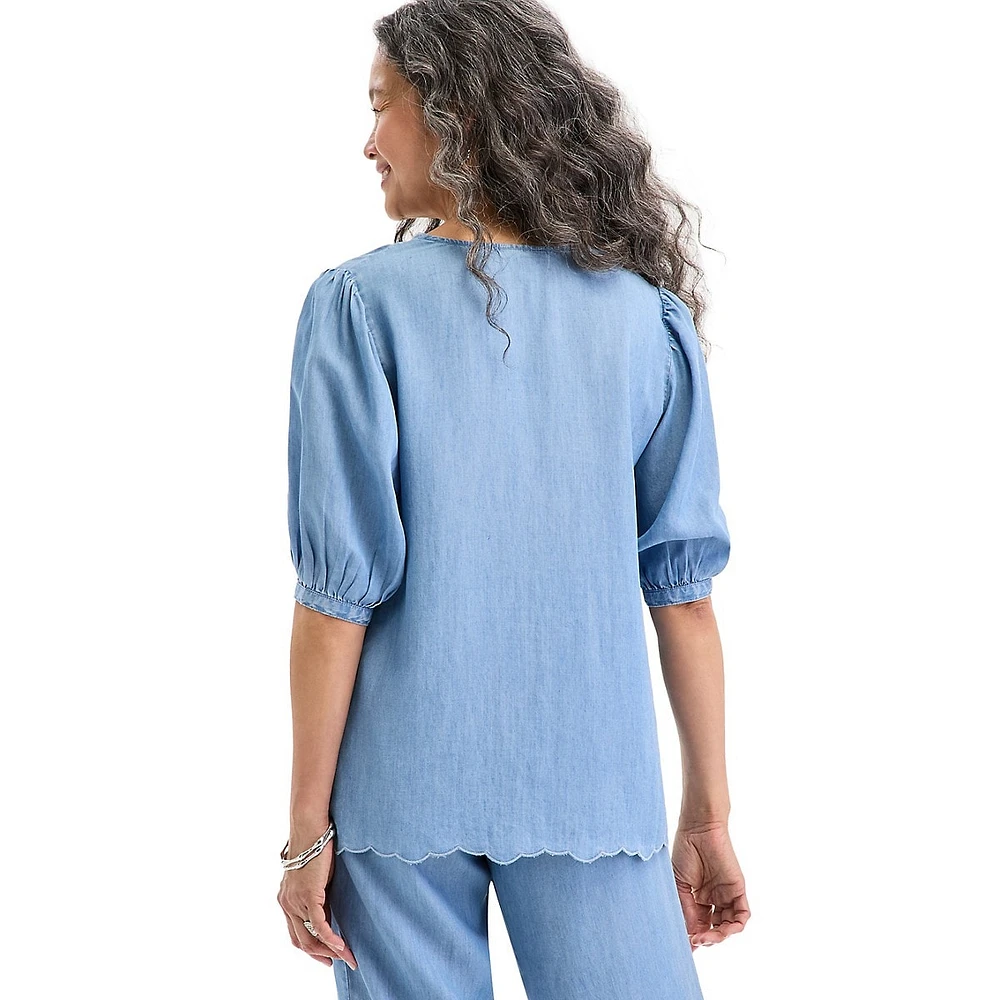 Petite Embroidered Eyelet Elbow-Sleeve Tunic Top
