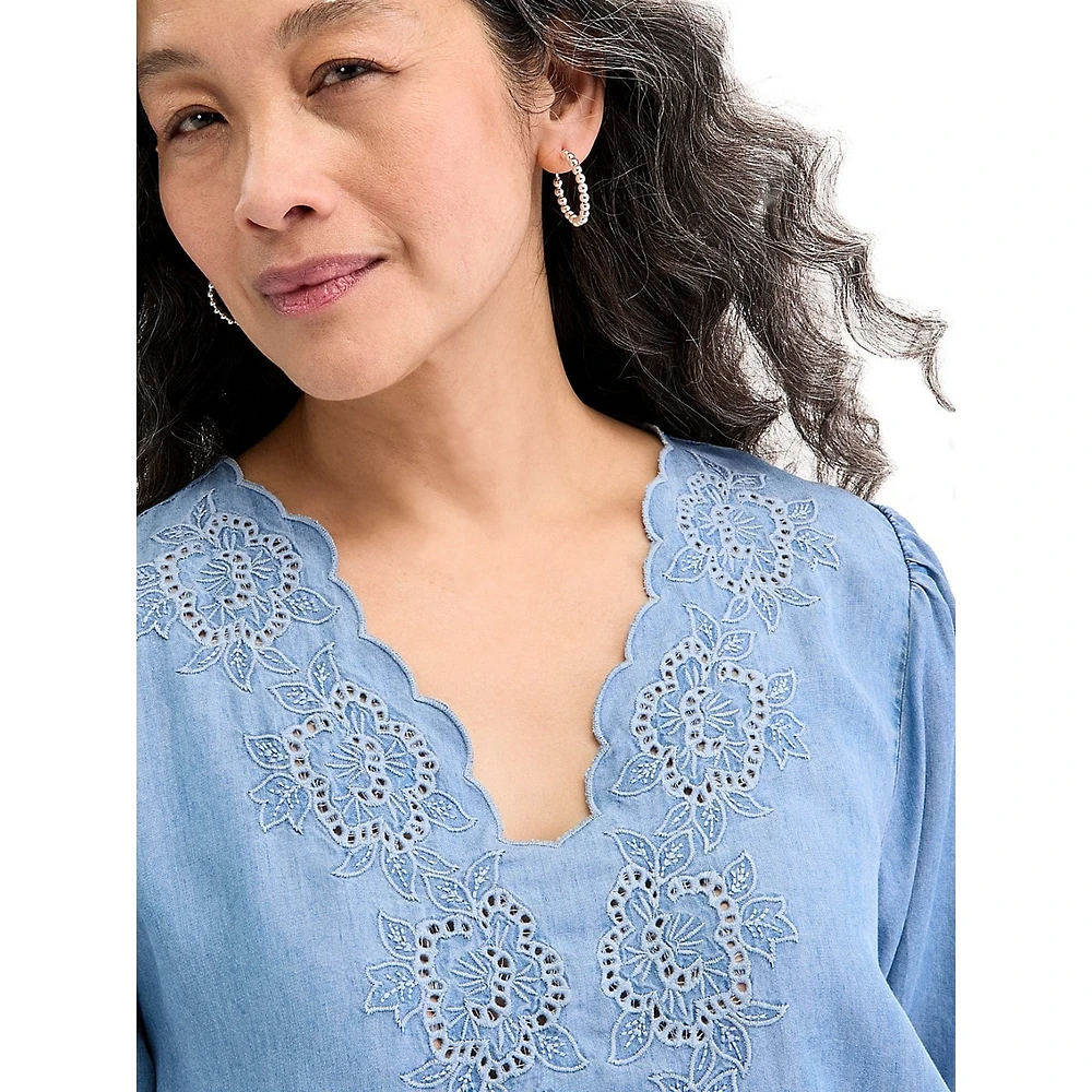 Petite Embroidered Eyelet Elbow-Sleeve Tunic Top
