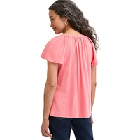 Flutter-Sleeve Gathered-Splitneck Top
