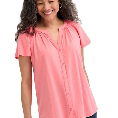 Flutter-Sleeve Gathered-Splitneck Top
