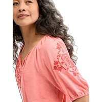 Plus Embroidered Knit Peasant Top