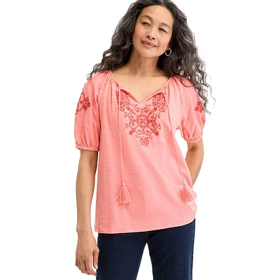 Plus Embroidered Knit Peasant Top