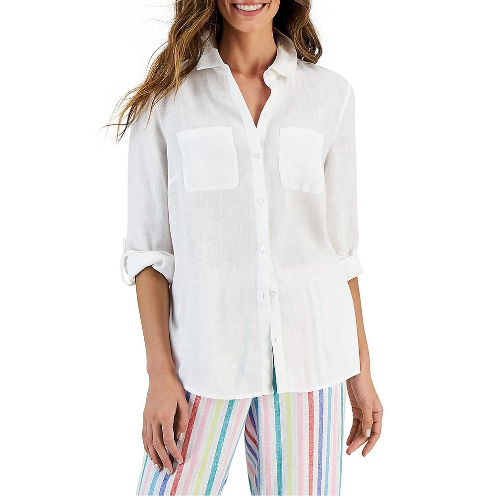 Lena Linen Roll-Tab Button-Down Shirt