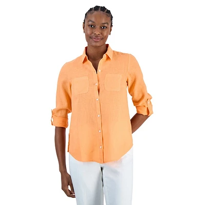 Lena Linen Roll-Tab Button-Down Shirt