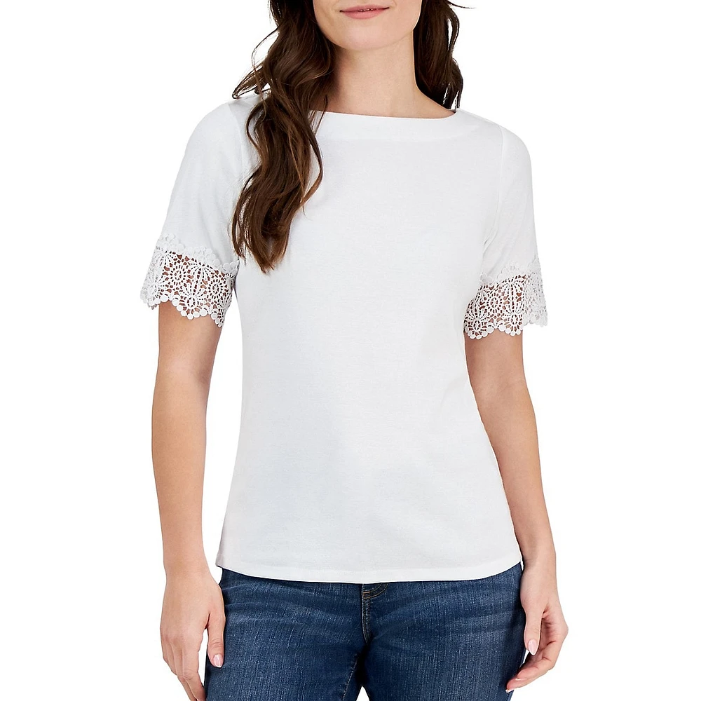 Crochet-Trim Short-Sleeve Boatneck Top