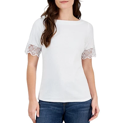 Crochet-Trim Short-Sleeve Boatneck Top