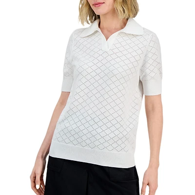 Petite Cotton Pointelle Knit Short-Sleeve Polo Top
