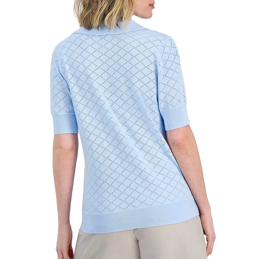 Cotton Pointelle Knit Short-Sleeve Polo Top