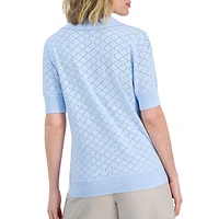 Cotton Pointelle Knit Short-Sleeve Polo Top
