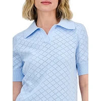 Cotton Pointelle Knit Short-Sleeve Polo Top