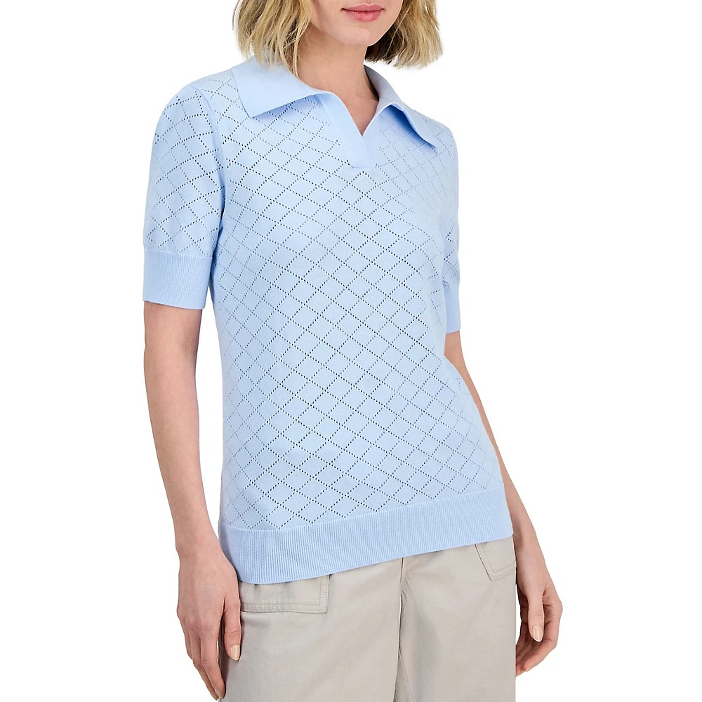 Cotton Pointelle Knit Short-Sleeve Polo Top