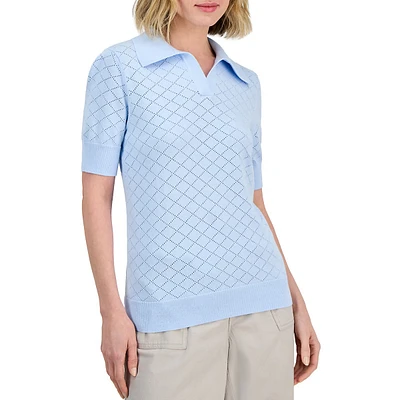 Cotton Pointelle Knit Short-Sleeve Polo Top
