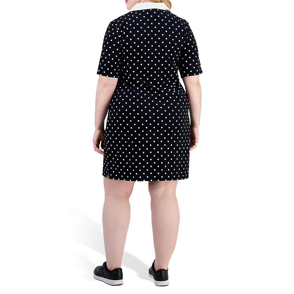 Plus Major Dot Johnny-Collar Short-Sleeve Short Dress