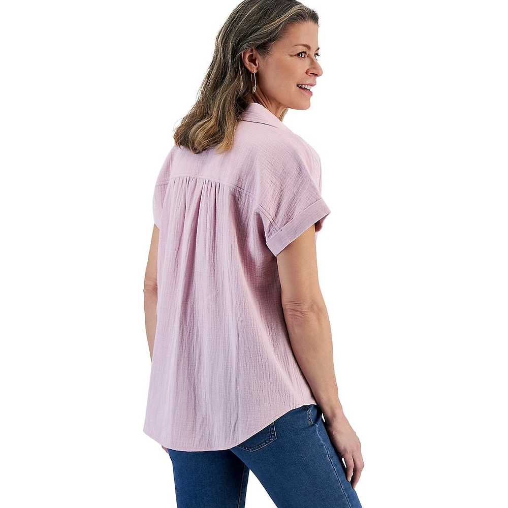 Petite Cotton Gauze Collared Popover Top