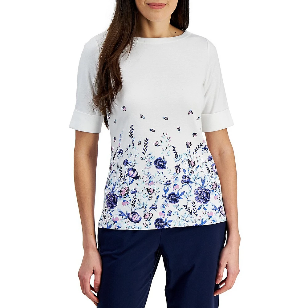 Petite Floral-Print Boatneck Elbow-Sleeve Top