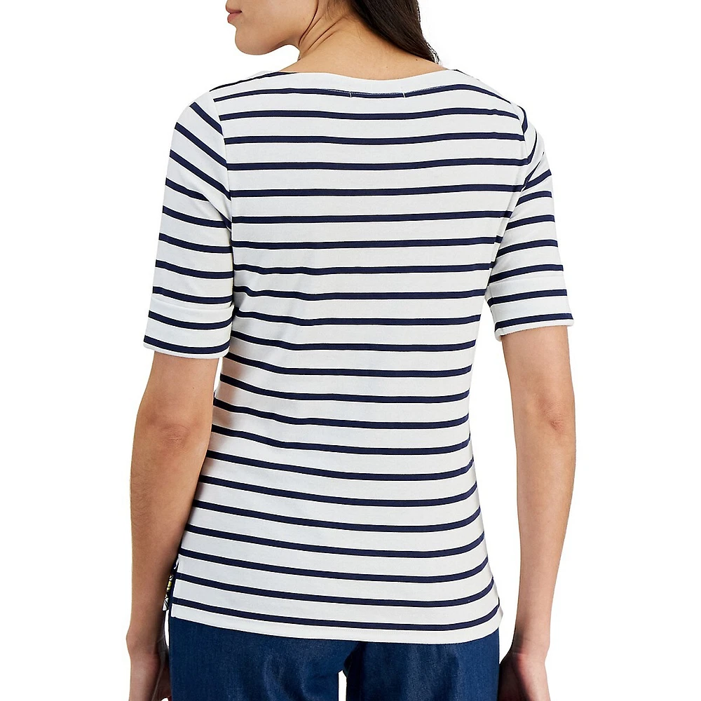 Petite Stripe & Floral Boatneck Elbow-Sleeve Top