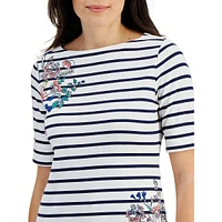 Petite Stripe & Floral Boatneck Elbow-Sleeve Top