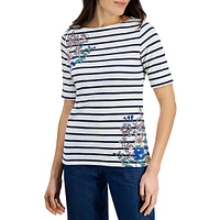 Petite Stripe & Floral Boatneck Elbow-Sleeve Top