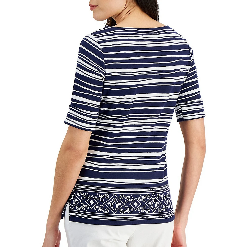 Petite Painterly-Stripe Boatneck Elbow-Sleeve Top