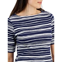 Petite Painterly-Stripe Boatneck Elbow-Sleeve Top