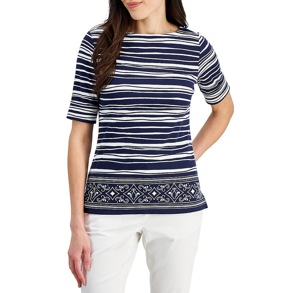 Petite Painterly-Stripe Boatneck Elbow-Sleeve Top