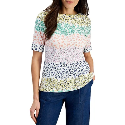 Colourblocked Floral Boatneck Elbow-Sleeve Top